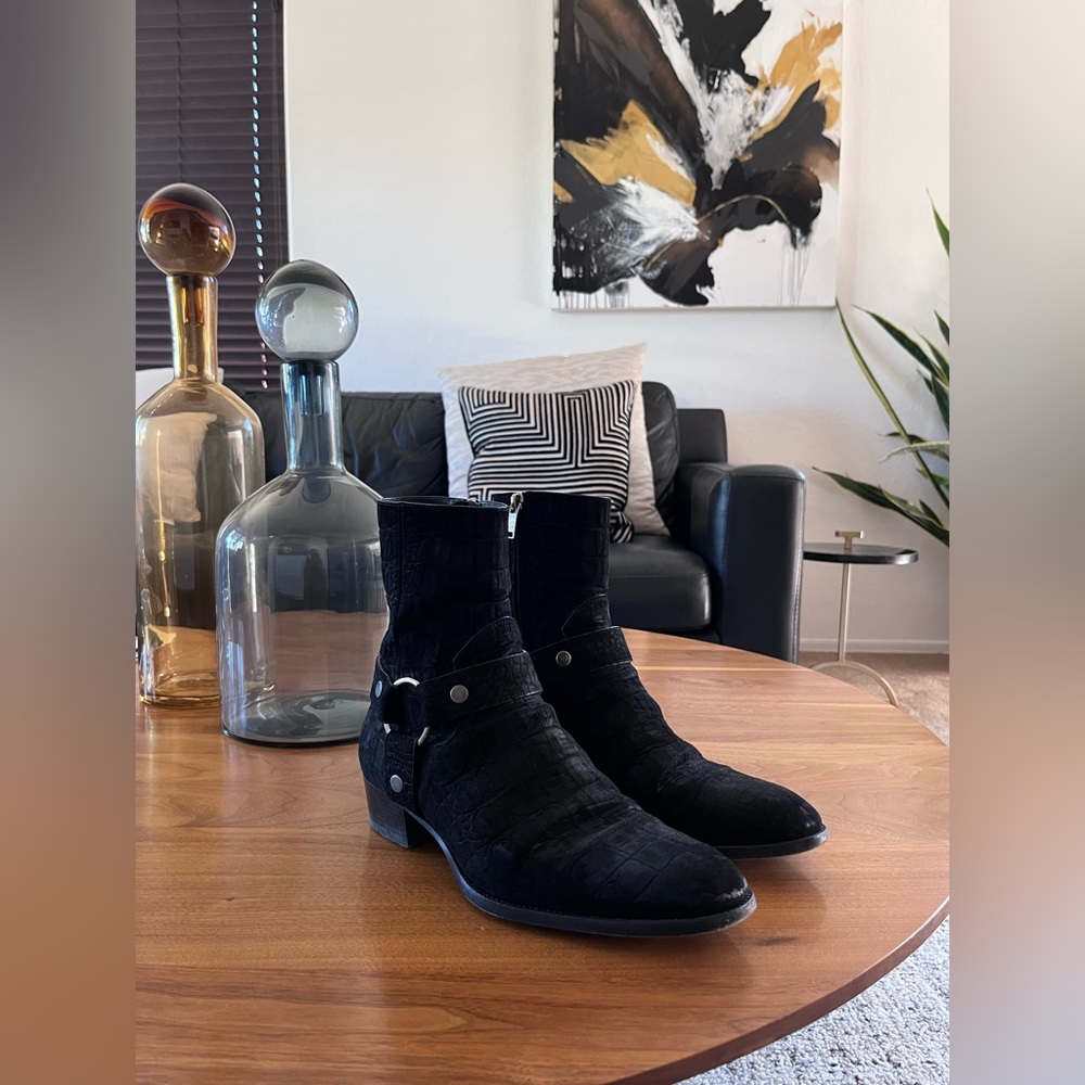 Saint Laurent Men’s Wyatt Croc Embossed Harness boots size 39